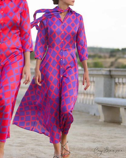 V-neck Shirt Dress with 3/4 Sleeves Purple / S
