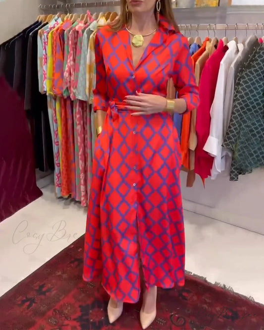 V-neck Shirt Dress with 3/4 Sleeves Red / S