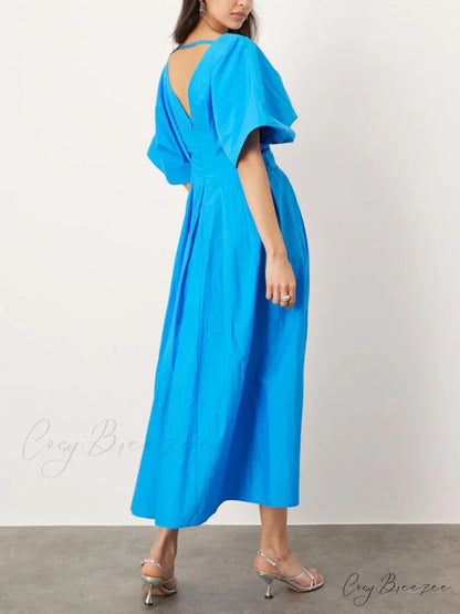 V-Neck Short Sleeve Charming Midi Dress In Blue