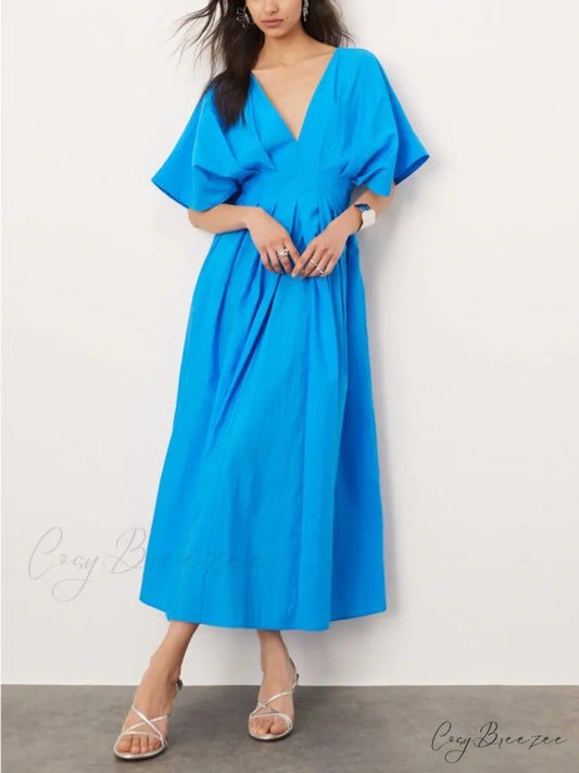 V-Neck Short Sleeve Charming Midi Dress In Blue Blue / S