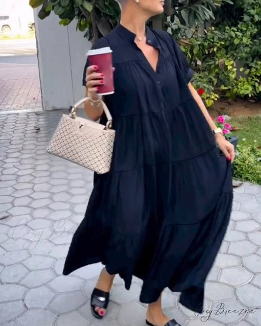 V Neck Short Sleeve Dress Black / S
