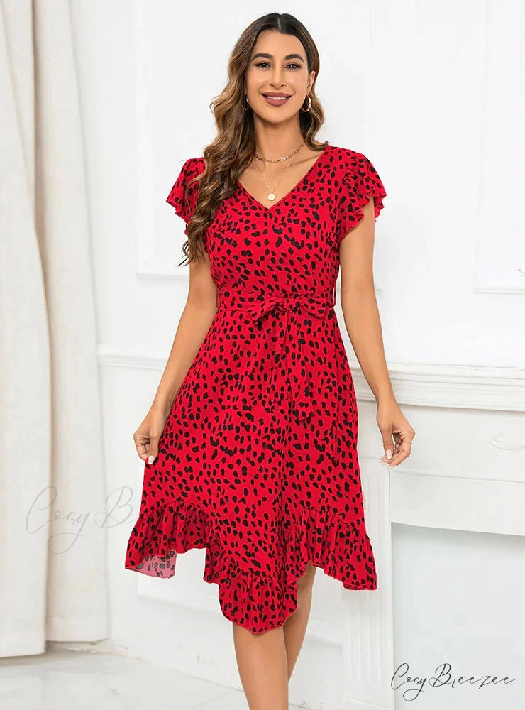 V-Neck Short Sleeve Leopard Print Irregular Dress S / red