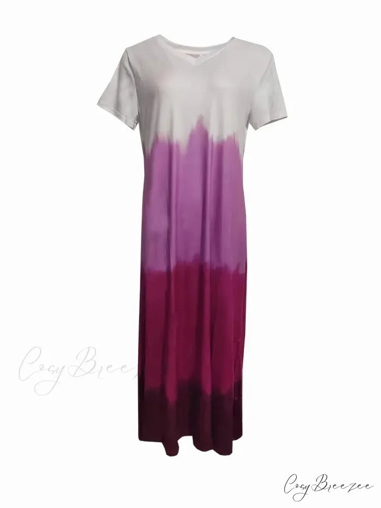 V Neck Short Sleeve Maxi Beach Dress with Gradient Color Side Split M / Purple