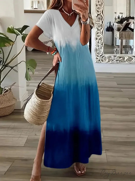 V Neck Short Sleeve Maxi Beach Dress with Gradient Color Side Split S / Blue