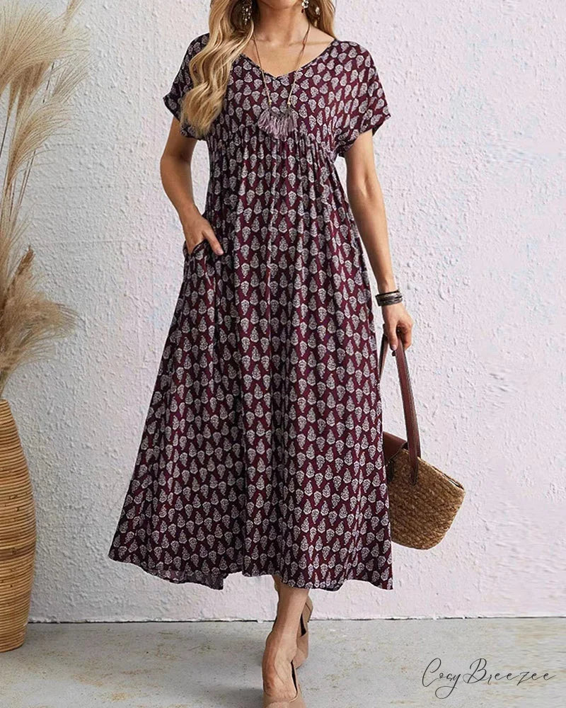 V-neck short sleeve maxi dress Burgundy / S