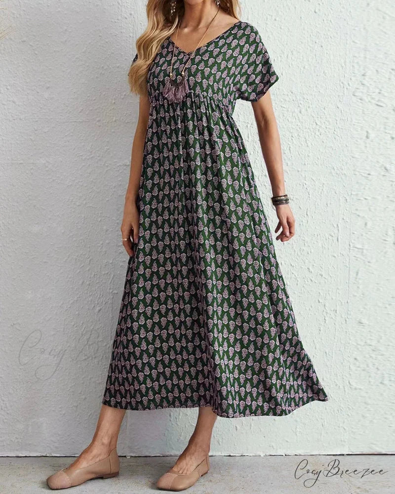 V-neck short sleeve maxi dress Green / S