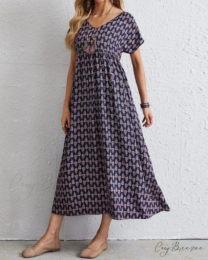 V-neck short sleeve maxi dress Navy Blue / S