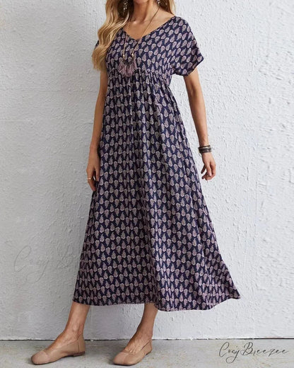 V-neck short sleeve maxi dress Navy Blue / S