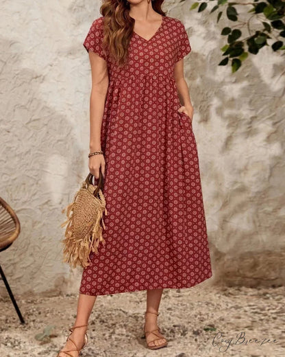 V-neck short sleeve maxi dress Red / S