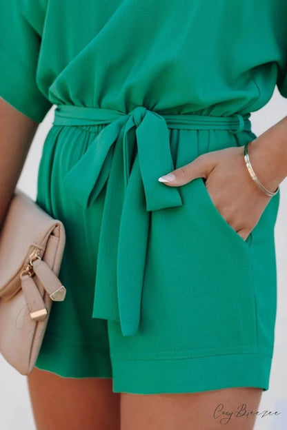 V Neck Short Sleeve Rompers with Tie-waist