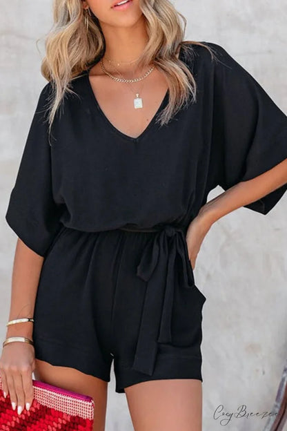 V Neck Short Sleeve Rompers with Tie-waist Black / M