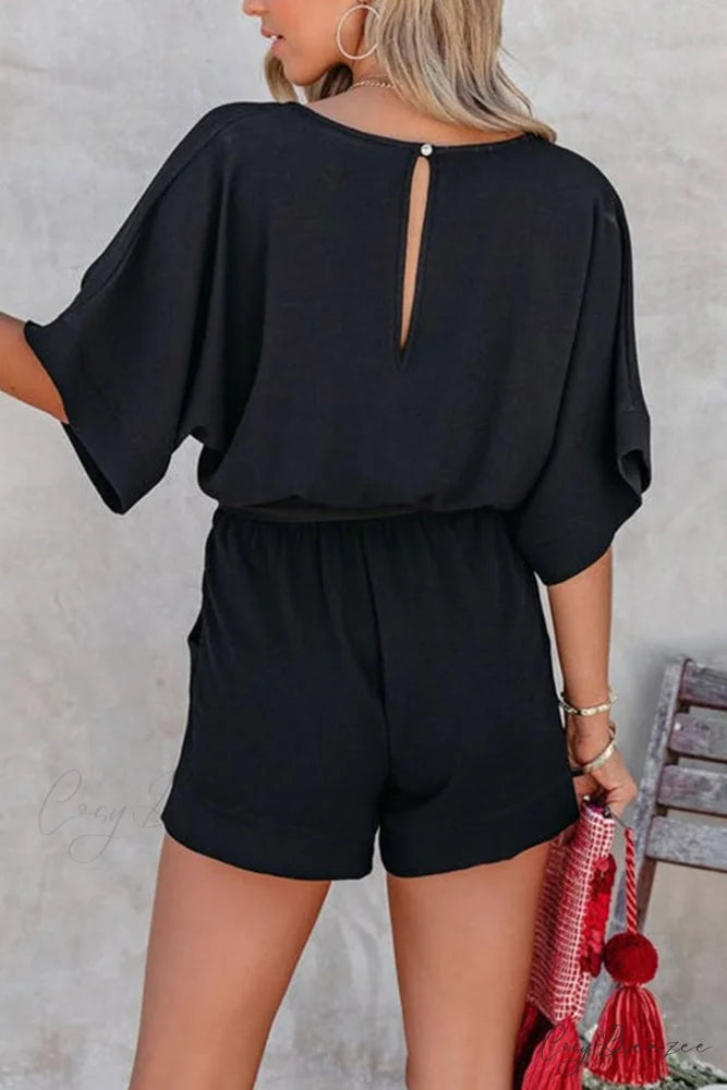 V Neck Short Sleeve Rompers with Tie-waist Black / XL