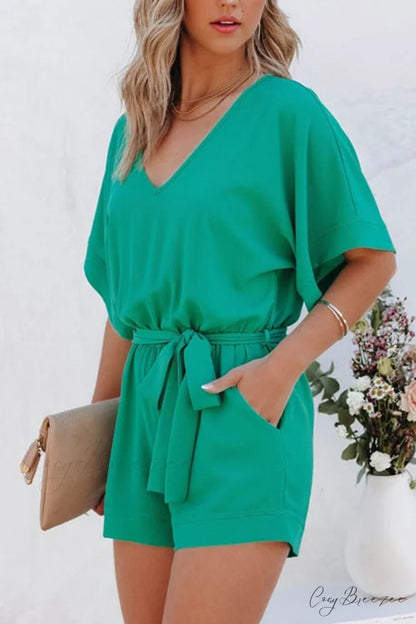 V Neck Short Sleeve Rompers with Tie-waist Green / M
