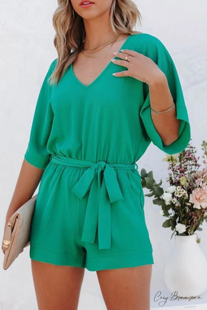 V Neck Short Sleeve Rompers with Tie-waist Green / S