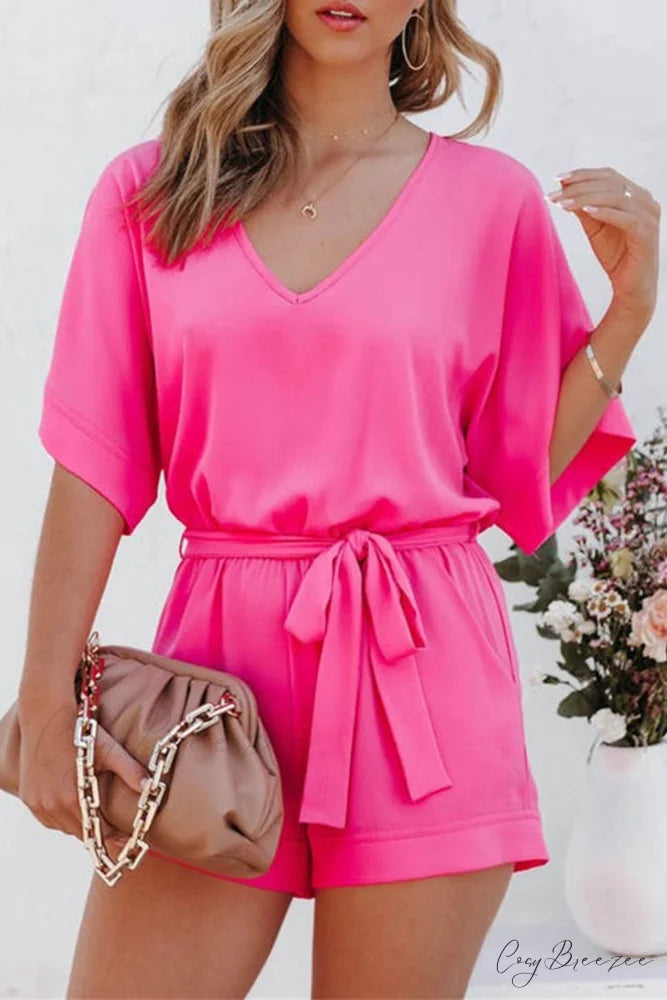 V Neck Short Sleeve Rompers with Tie-waist Rose / XL