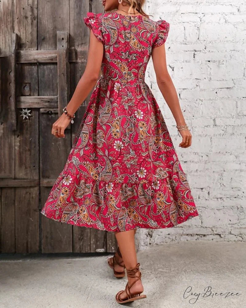 V-neck short-sleeved dress with print
