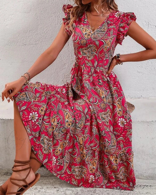 V-neck short-sleeved dress with print Red / S