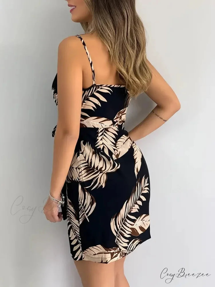 V Neck Sleeveless Backless Dress with Leaf Print