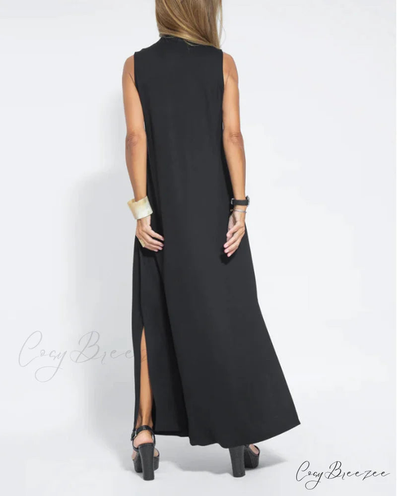 V-neck sleeveless dress in solid color