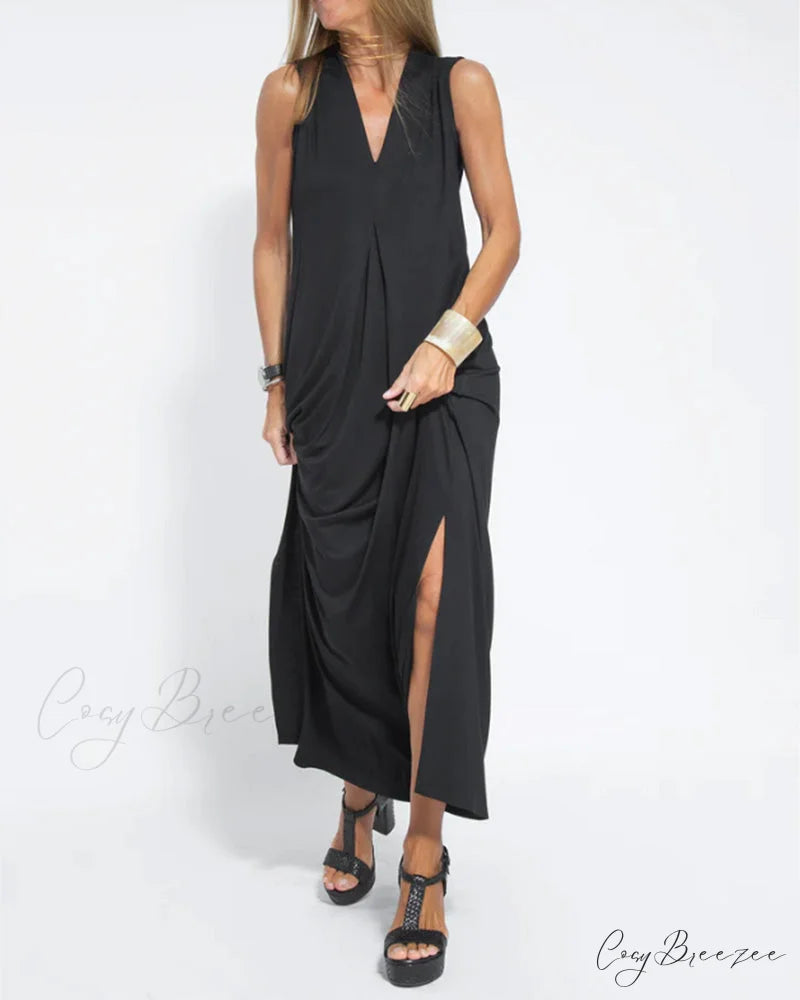 V-neck sleeveless dress in solid color