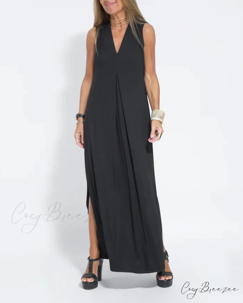 V-neck sleeveless dress in solid color