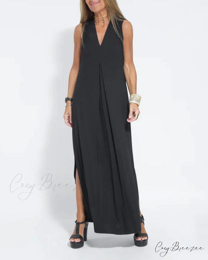 V-neck sleeveless dress in solid color