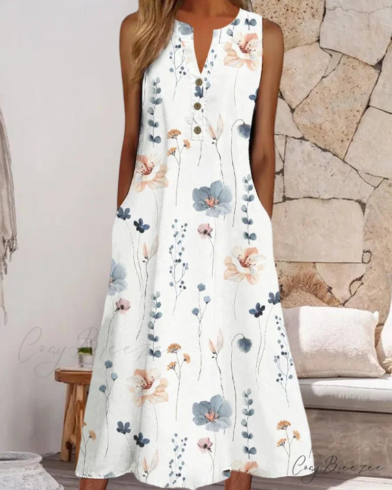 V-neck sleeveless dress with floral print