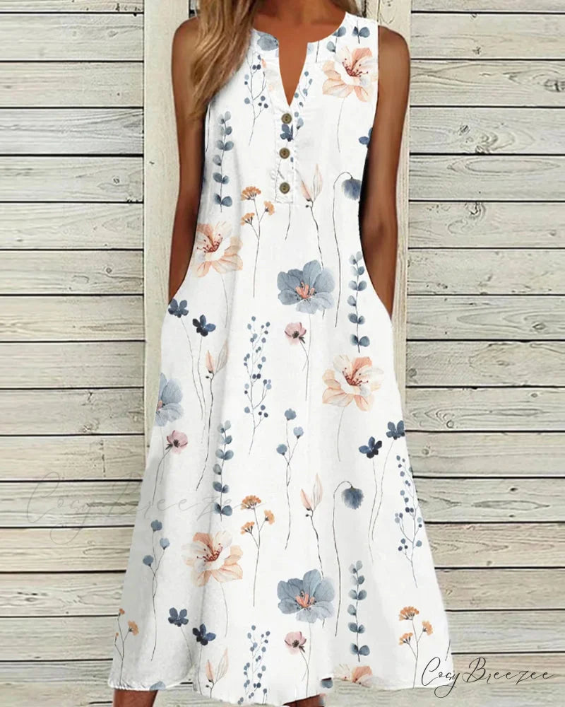 V-neck sleeveless dress with floral print White / S