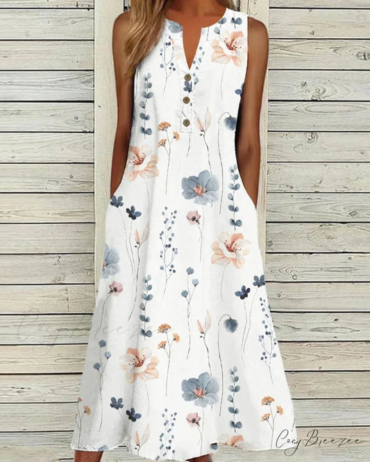 V-neck sleeveless dress with floral print White / S