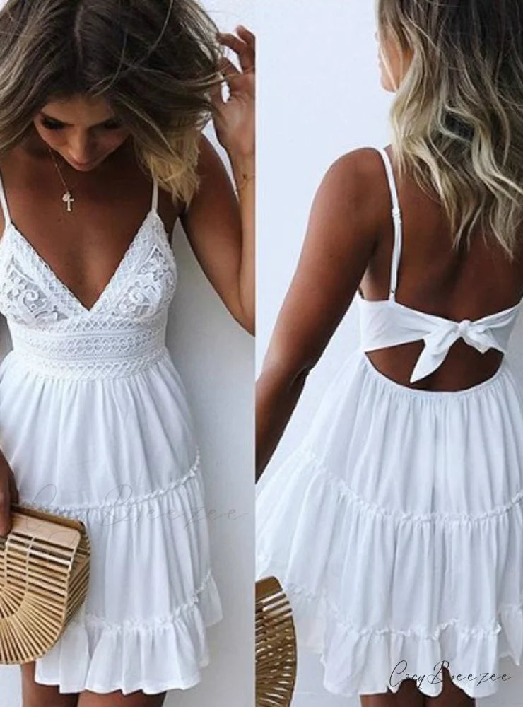 V-neck Sleeveless Lace Patchwork Beach Dress for Women M / White