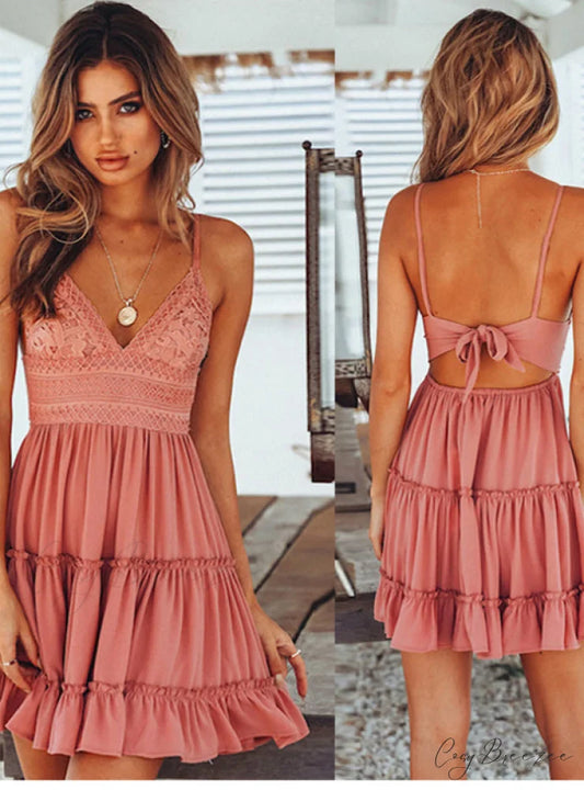 V-neck Sleeveless Lace Patchwork Beach Dress for Women S / Pink