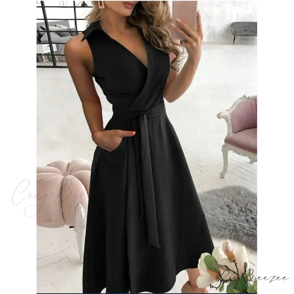 V-Neck Sleeveless Long Dress for Women Black / S