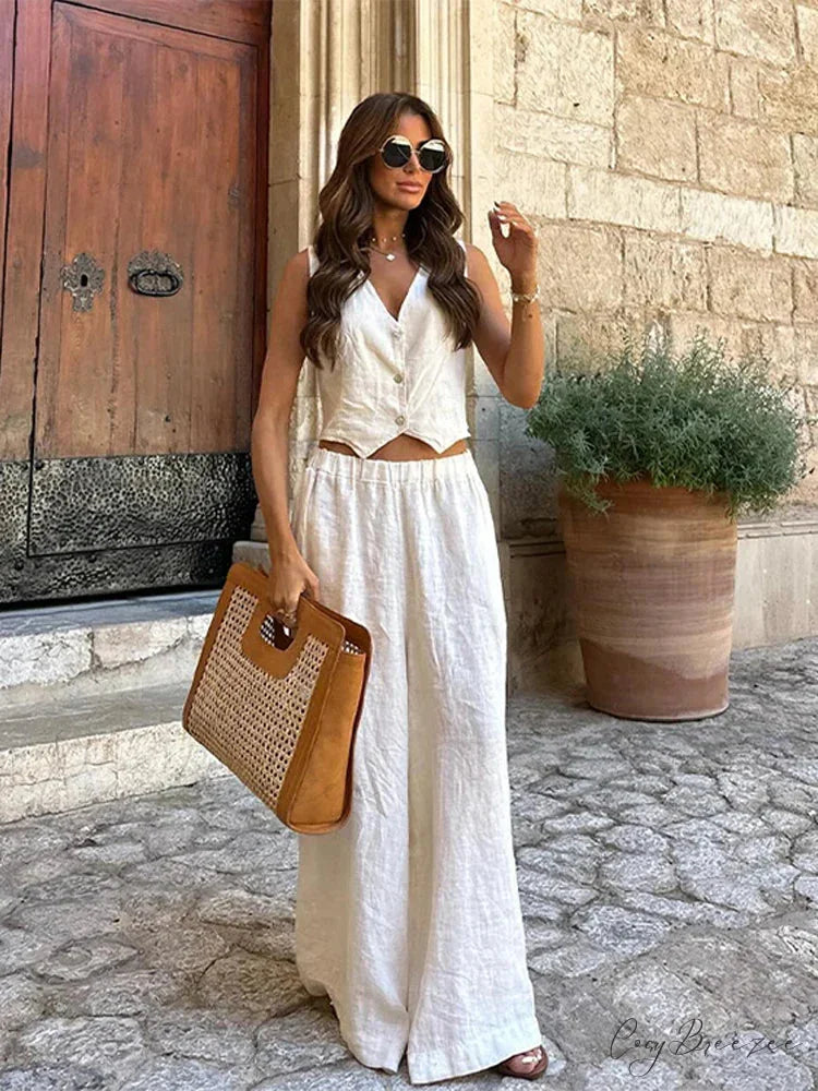 V-Neck Sleeveless Loose Fit Work Set officetwopieceset-250223