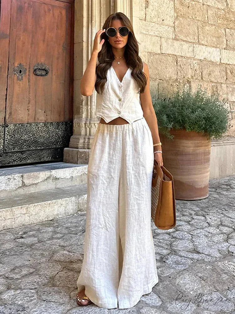 V-Neck Sleeveless Loose Fit Work Set white trousers / S officetwopieceset-250223