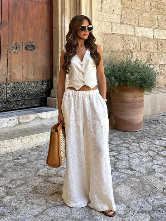 V-Neck Sleeveless Loose Fit Work Set white Vest / S officetwopieceset-250223