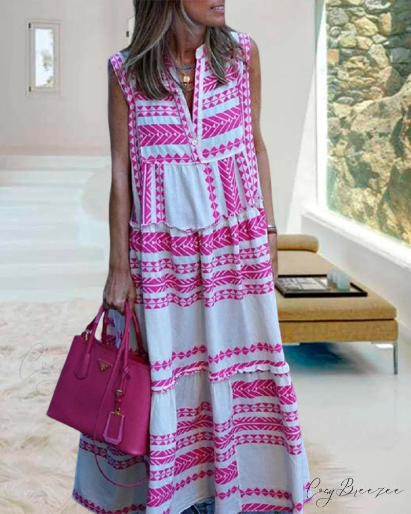 V-neck sleeveless maxi dress with geometric print
