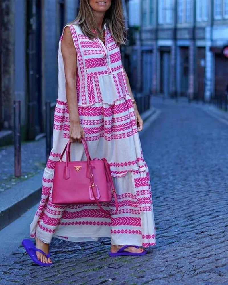 V-neck sleeveless maxi dress with geometric print