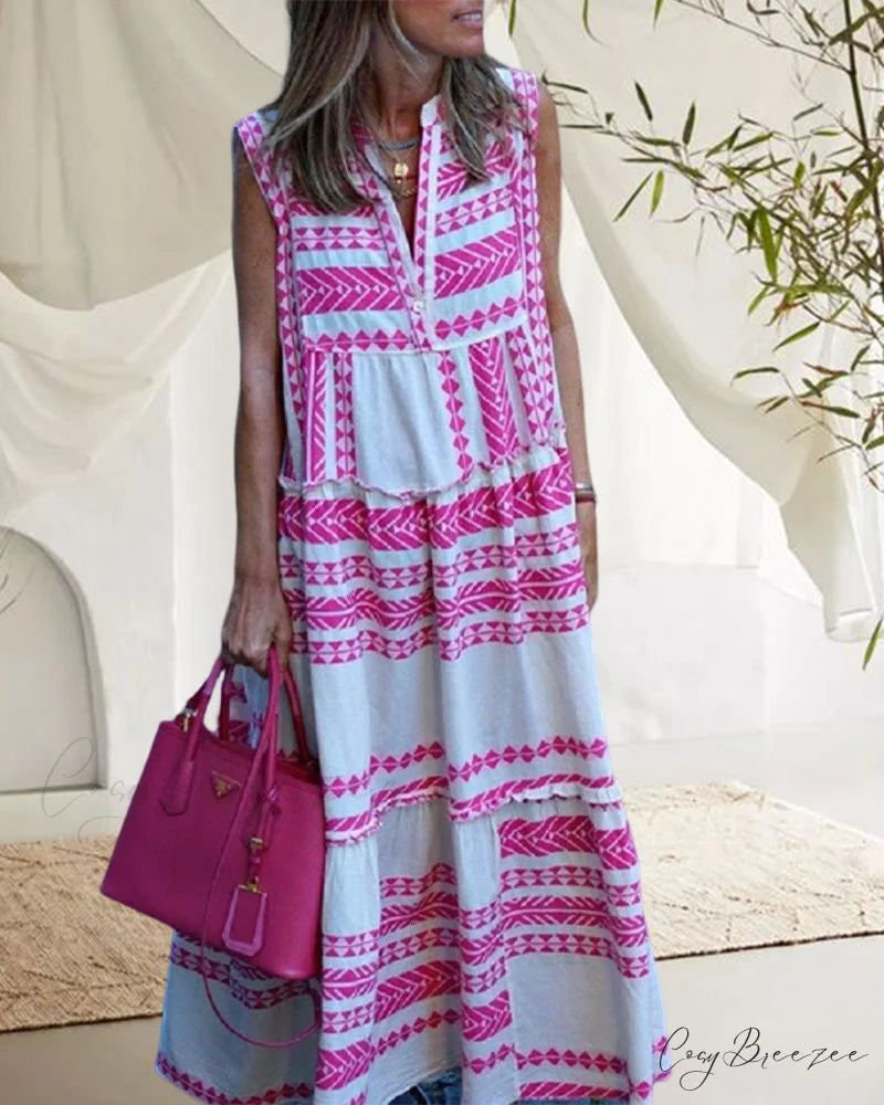 V-neck sleeveless maxi dress with geometric print