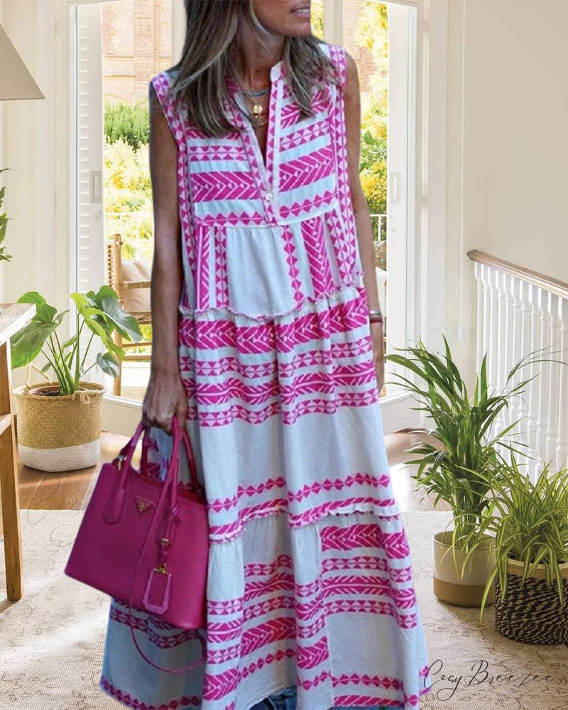 V-neck sleeveless maxi dress with geometric print