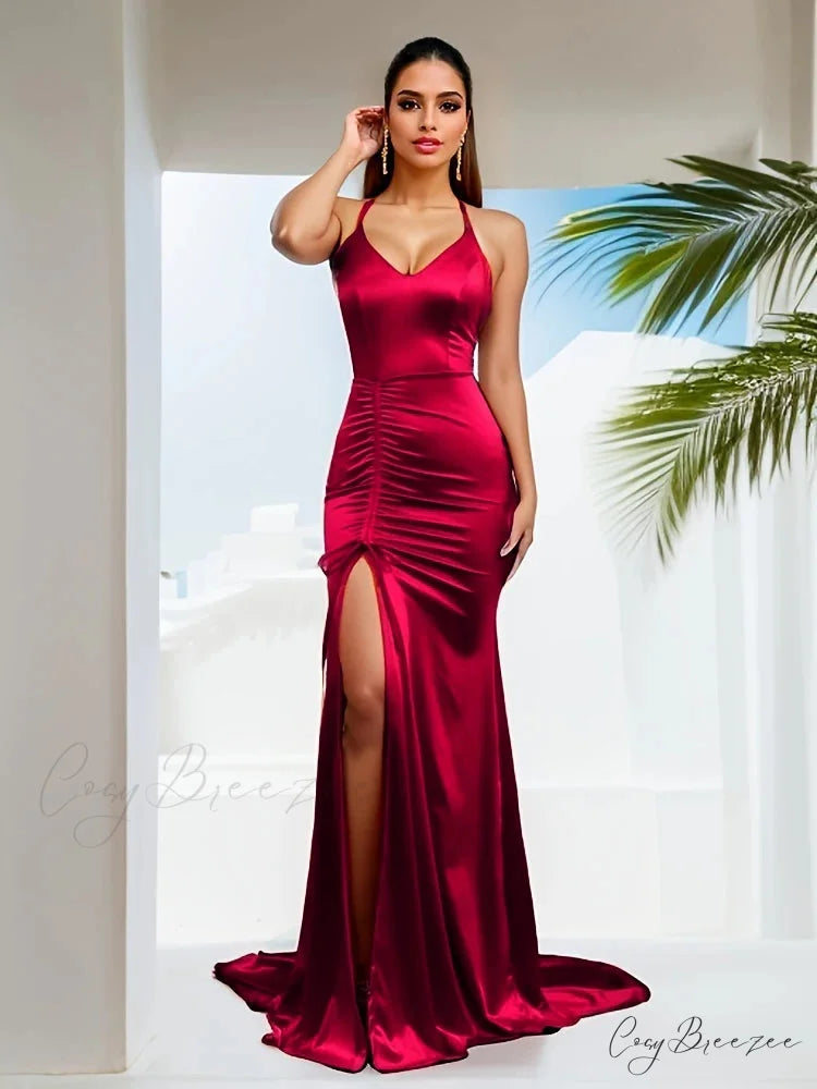 V-Neck Sleeveless Satin Party Dress