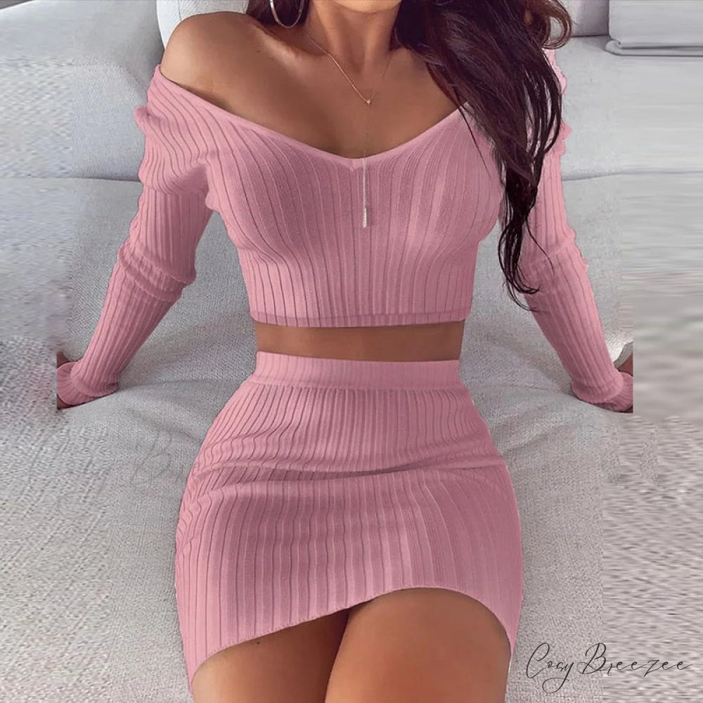V Neck Slim the Mini Party Ladies Knit Shoulder Arm Off Warm-Season Elegant Women Gown Long Soft Striped Gown Dress 01