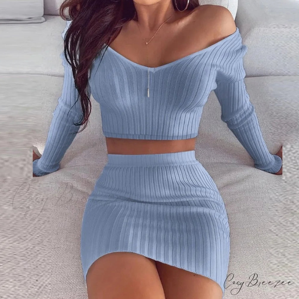 V Neck Slim the Mini Party Ladies Knit Shoulder Arm Off Warm-Season Elegant Women Gown Long Soft Striped Gown Dress 02