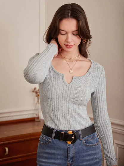 V-neck Slimming Inside Wear Pit Strip Sweater Knit Top GRAY / XS knittop-250126
