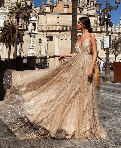 V-Neck Sling Long Dress Prom Dress apricot / S promdress-250223