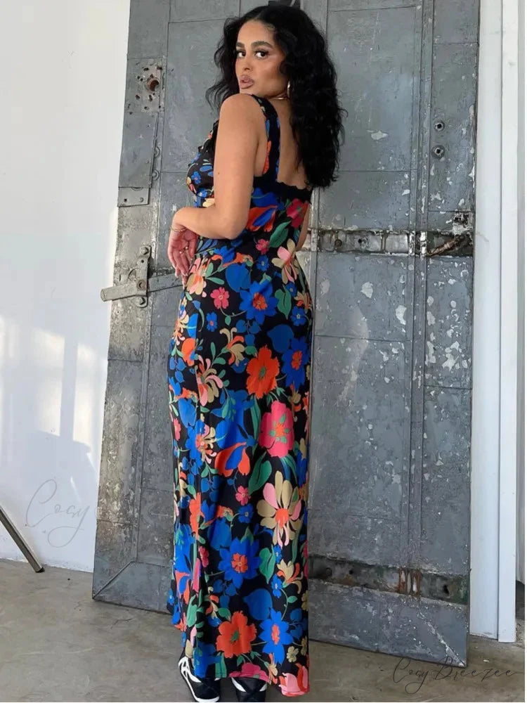 V-Neck Slip Floral Satin Holiday Dress vacationdress-250223