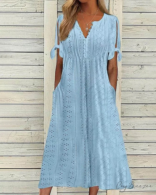 V-neck solid color dress Blue / S