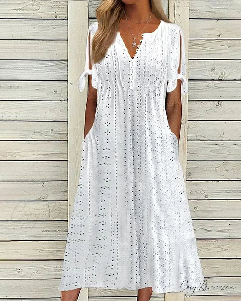 V-neck solid color dress White / S