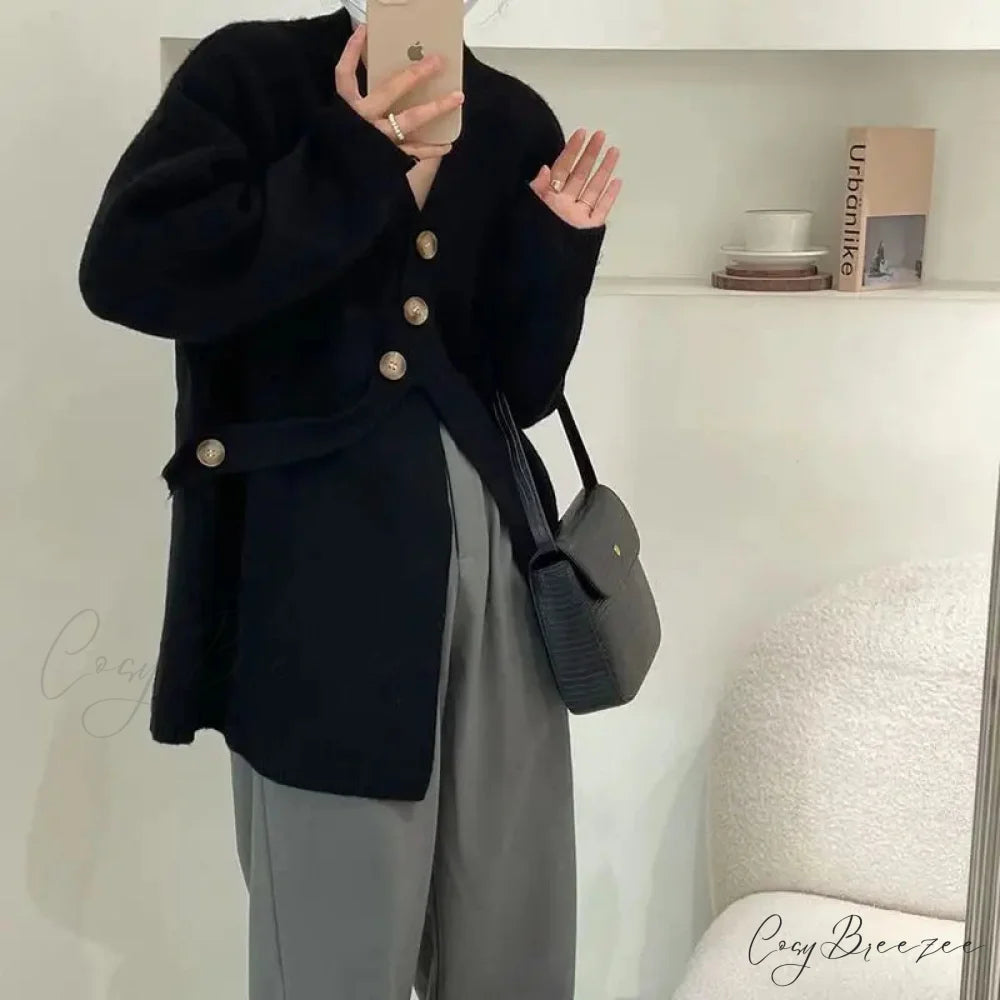 V-Neck Solid Simplicity Office Lady Autumn Knit Cardigan cardiagn-250126