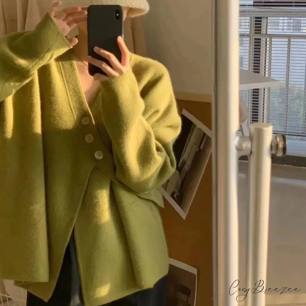 V-Neck Solid Simplicity Office Lady Autumn Knit Cardigan Green / S cardiagn-250126