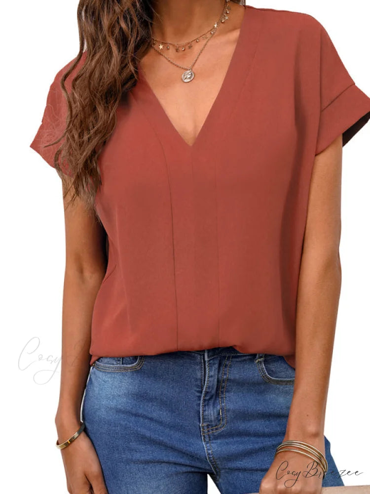 V-neck Solid sleeve T-shirt for short women